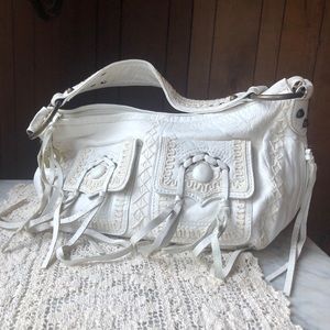BETSY JOHNSON White Leather Fringe Bag